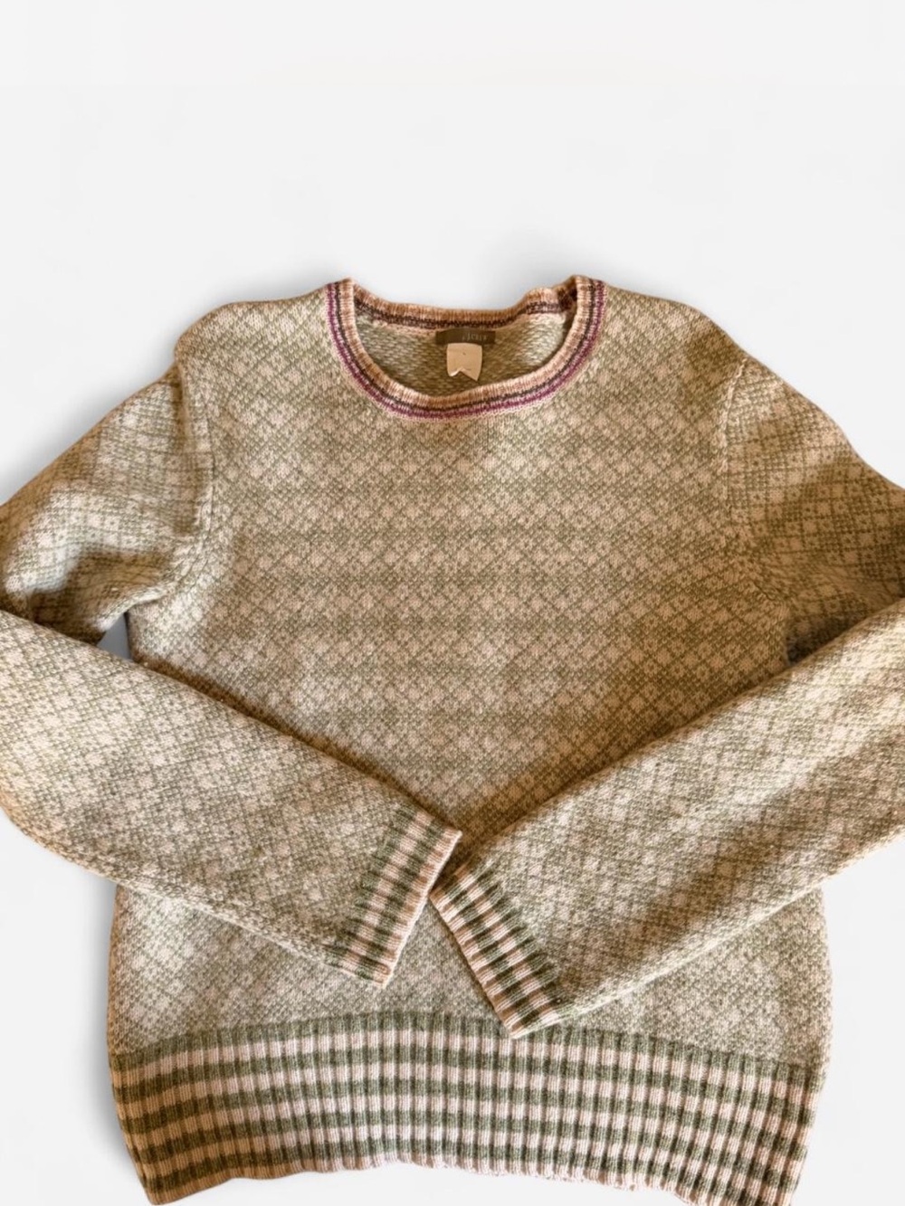 J. Crew Beige Patterned Crewneck Sweater with Pink & Green Trim